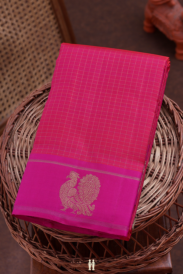 Kanchipuram Silk Saree In Rani Pink With Checks Design