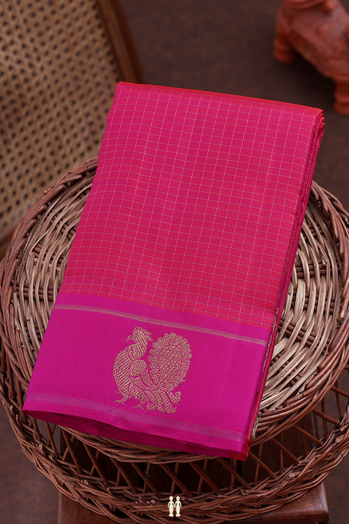 Kanchipuram Silk Saree In Rani Pink With Checks Design