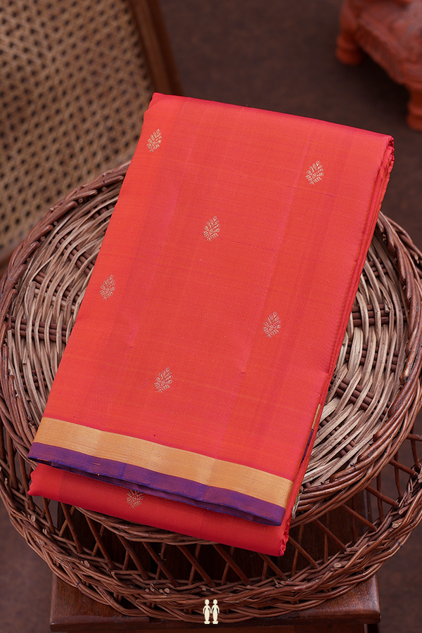 Kanchipuram Silk Saree In Coral Orange With Zari Buttas