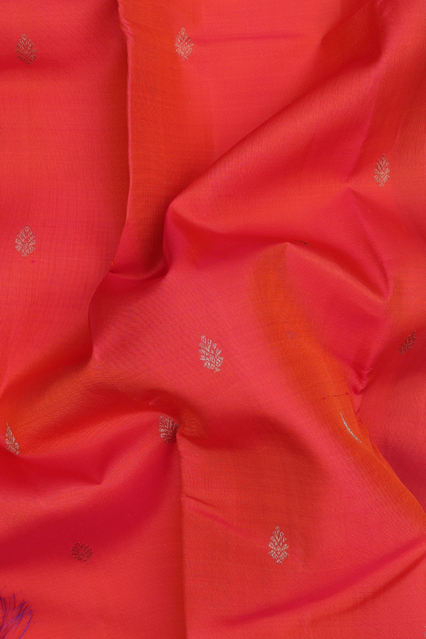 Kanchipuram Silk Saree In Coral Orange With Zari Buttas