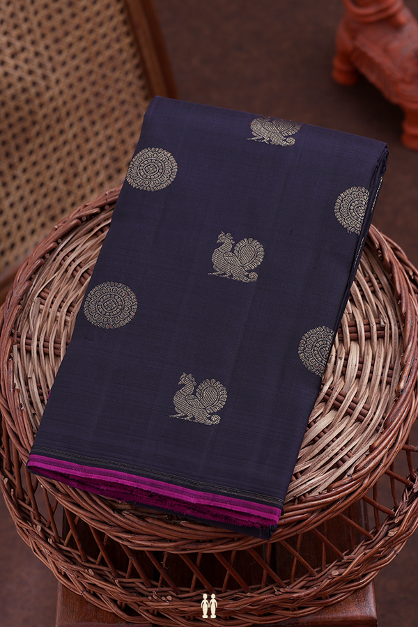 Kanchipuram Silk Saree In Black With Peacock Buttas
