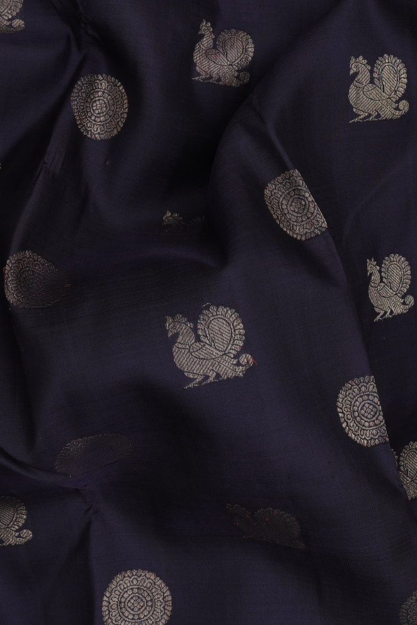 Kanchipuram Silk Saree In Black With Peacock Buttas