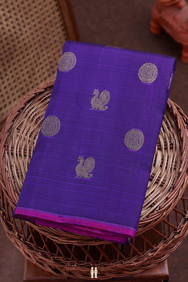 Kanchipuram Silk Saree In Purple With Peacock Chakram Buttas