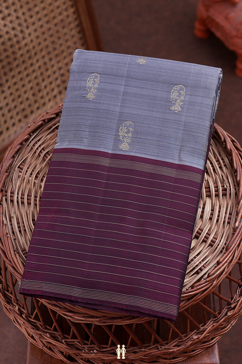 Kanchipuram Silk Saree In Grey With Zari Buttas
