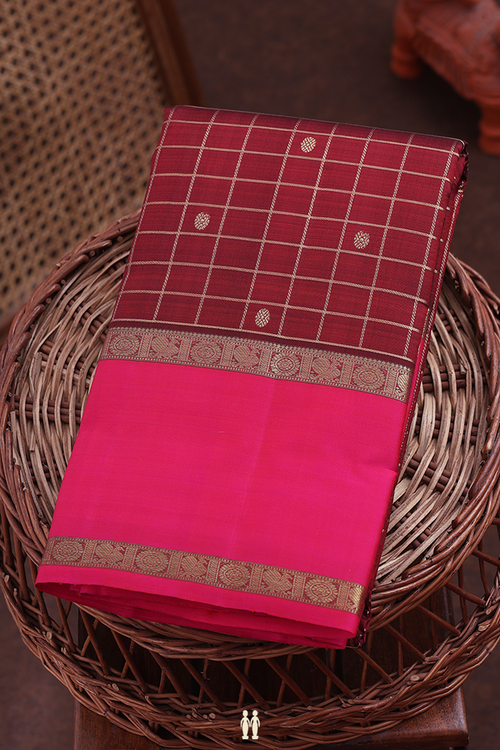 Kanchipuram Silk Saree In Maroon With Checks Design
