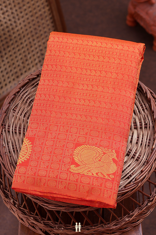 Kanchipuram Silk Saree In Orange With Jacquard Pattern