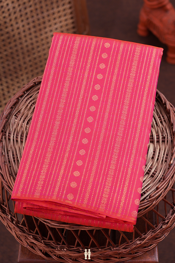 Kanchipuram Silk Saree In Coral Pink With Stripes Design