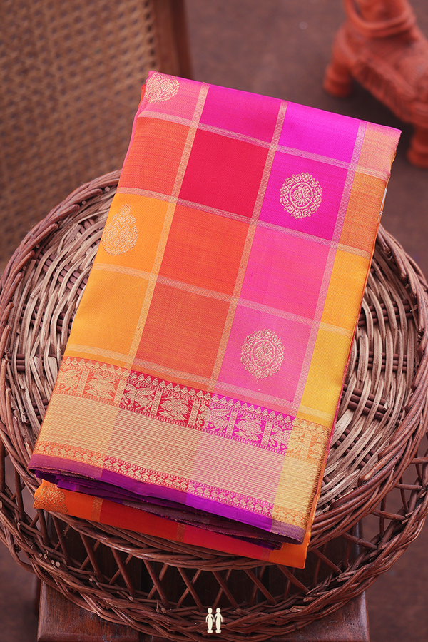 Kanchipuram Silk Saree In Multicolor Along Checks With Motifs