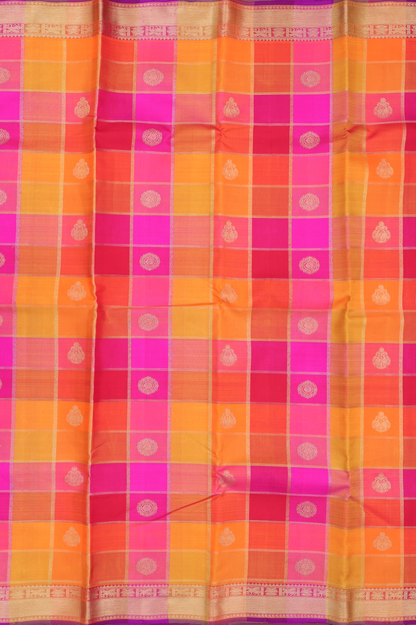 Kanchipuram Silk Saree In Multicolor Along Checks With Motifs