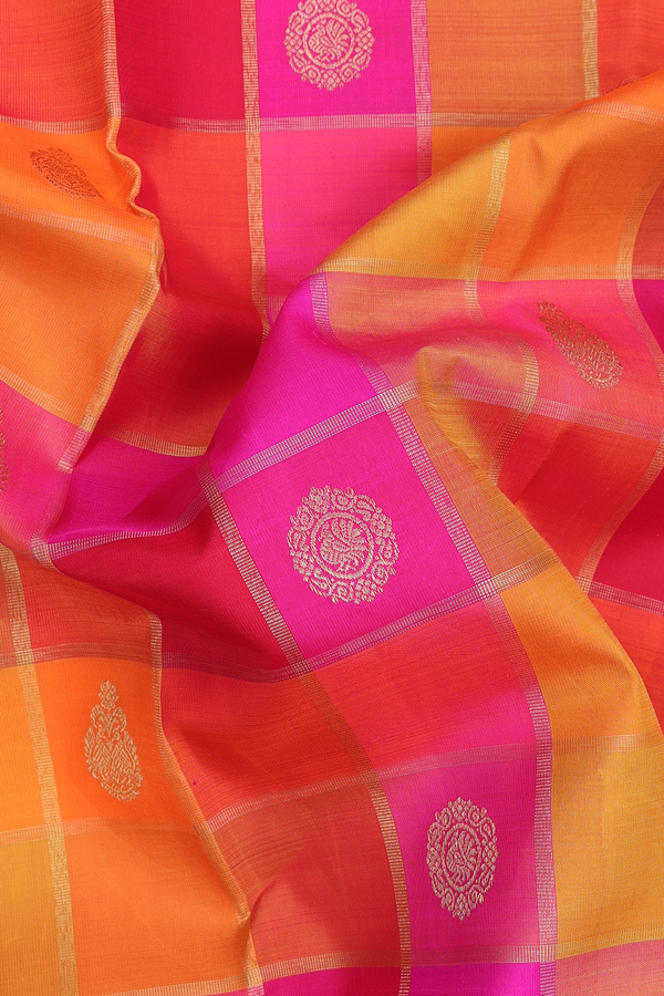 Kanchipuram Silk Saree In Multicolor Along Checks With Motifs