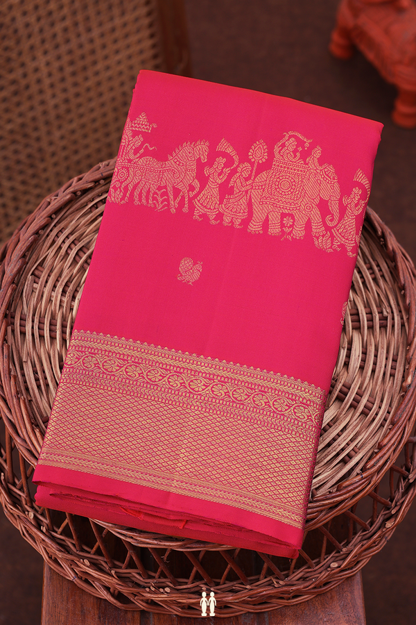 Kanchipuram Silk Saree In Bright Pink With Peacock Buttas