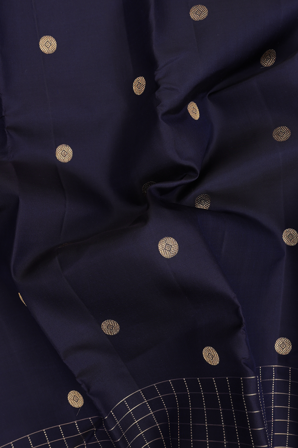 Kanchipuram Silk Saree In Navy Blue With Rudraksh Buttas