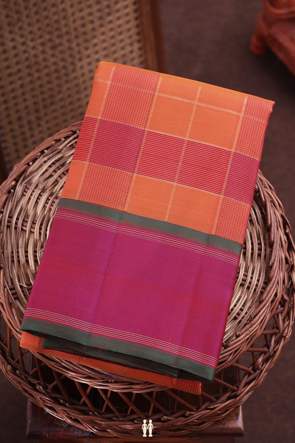 Kanchipuram Silk Saree In Pink And Orange With Checks Design