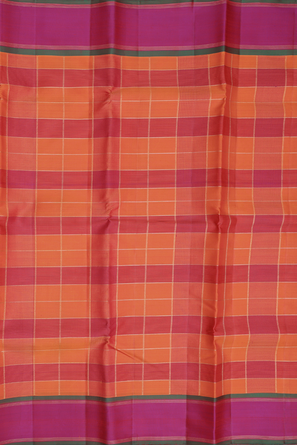 Kanchipuram Silk Saree In Pink And Orange With Checks Design