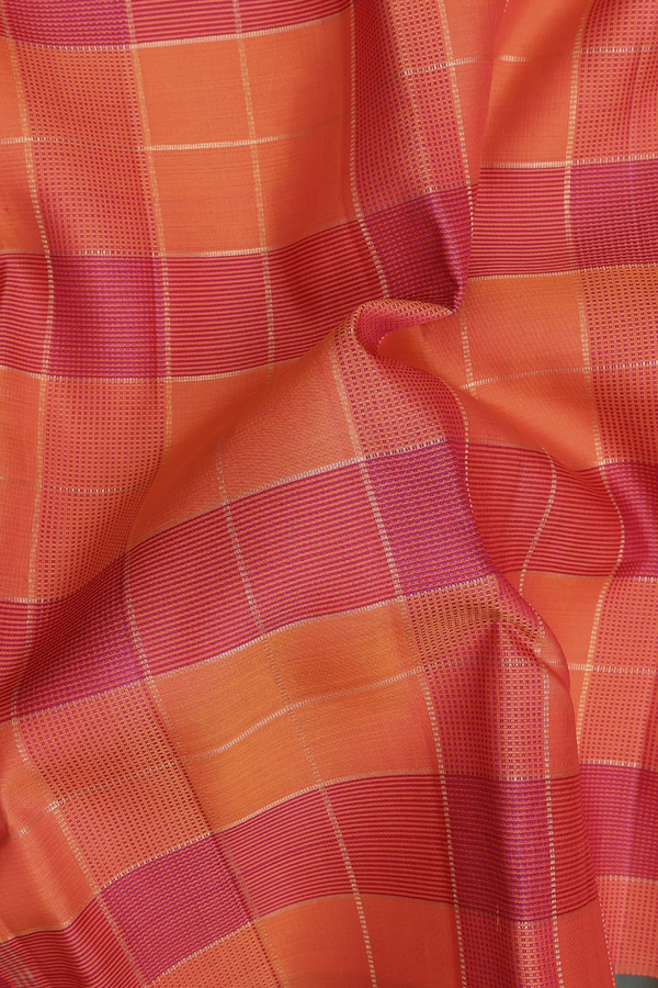 Kanchipuram Silk Saree In Pink And Orange With Checks Design