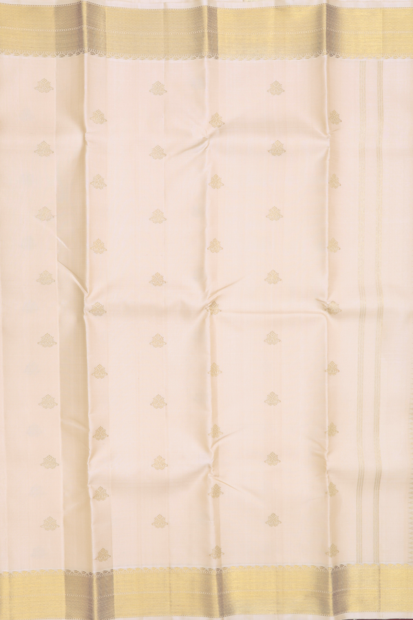 Kanchipuram Silk Saree In Cream Color With Peacock Buttas
