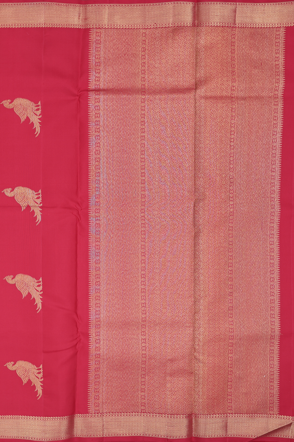 Kanchipuram Silk Saree In Crimson Red With Parrot Buttas