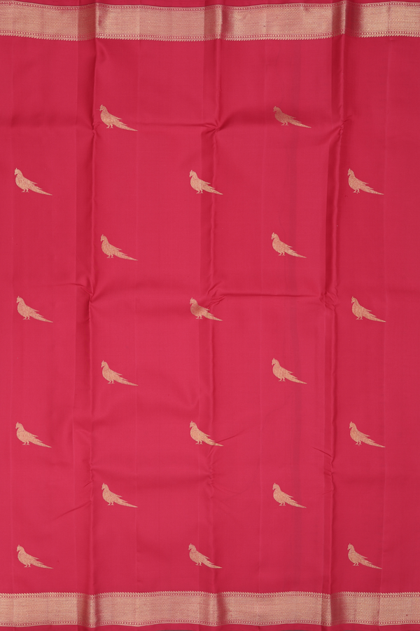 Kanchipuram Silk Saree In Crimson Red With Parrot Buttas