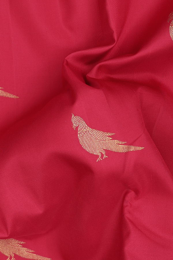 Kanchipuram Silk Saree In Crimson Red With Parrot Buttas