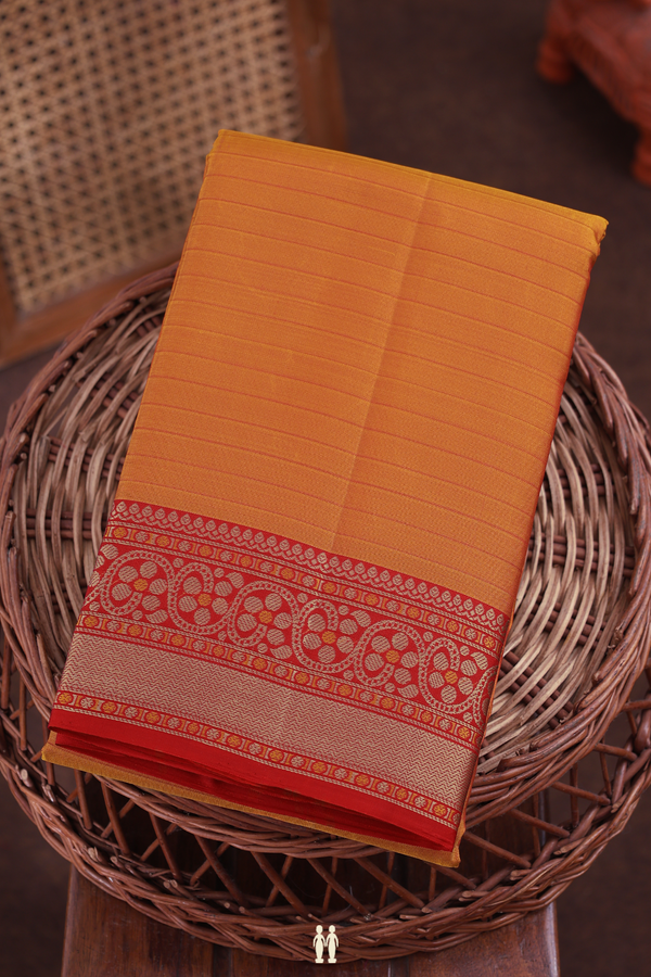 Kanchipuram Silk Saree In Ochre Orange With Stripes Design