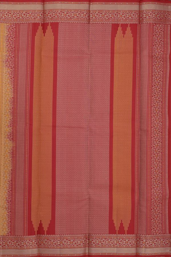 Kanchipuram Silk Saree In Ochre Orange With Stripes Design
