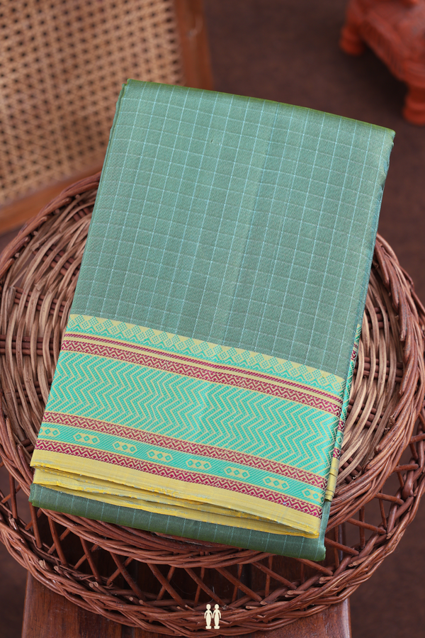 Kanchipuram Silk Saree In Dusty Green With Checks Design