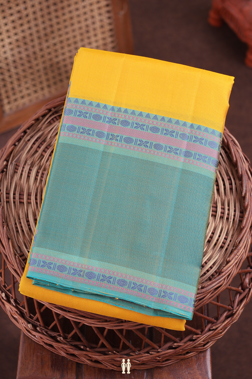 Kanchipuram Silk Saree In Saffron Yellow With Contrast Border