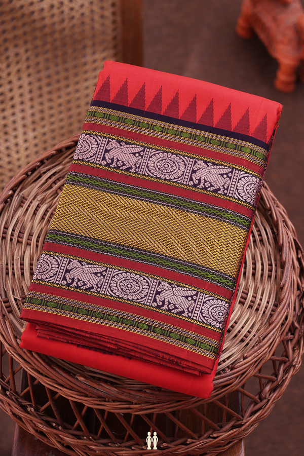 Kanchipuram Silk Saree In Scarlet Red With Horse Buttas