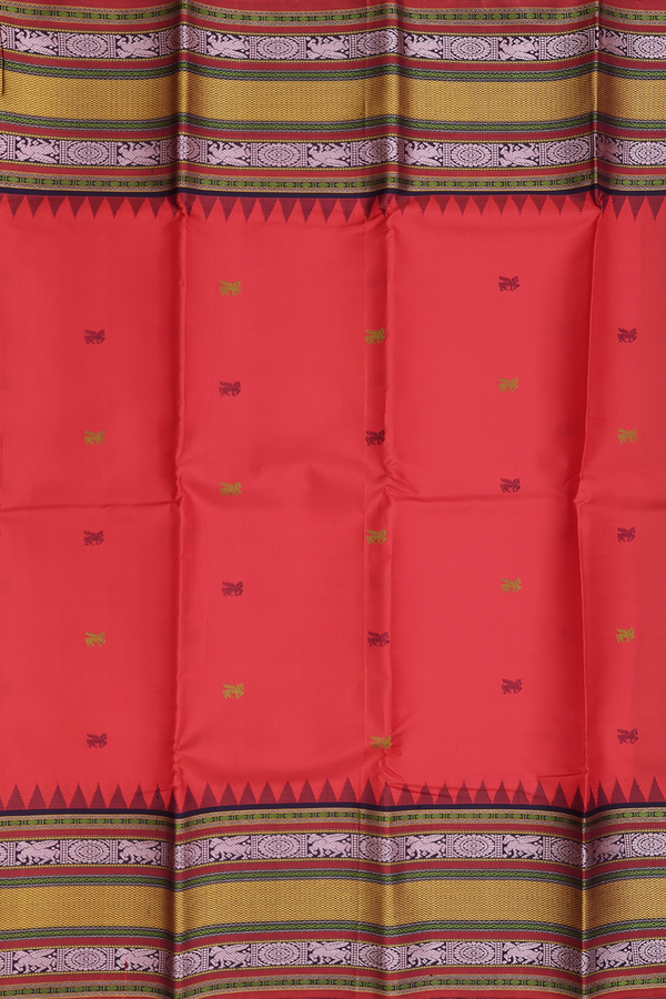 Kanchipuram Silk Saree In Scarlet Red With Horse Buttas