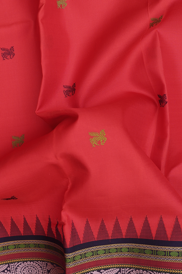 Kanchipuram Silk Saree In Scarlet Red With Horse Buttas