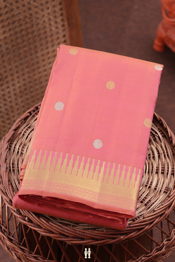 Kanchipuram Silk Saree In Peach Pink With Rudraksh Buttas
