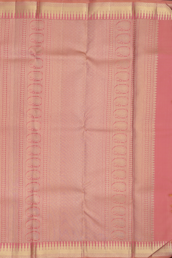 Kanchipuram Silk Saree In Peach Pink With Rudraksh Buttas