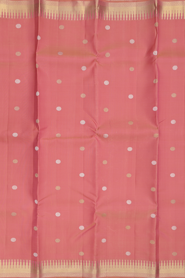 Kanchipuram Silk Saree In Peach Pink With Rudraksh Buttas