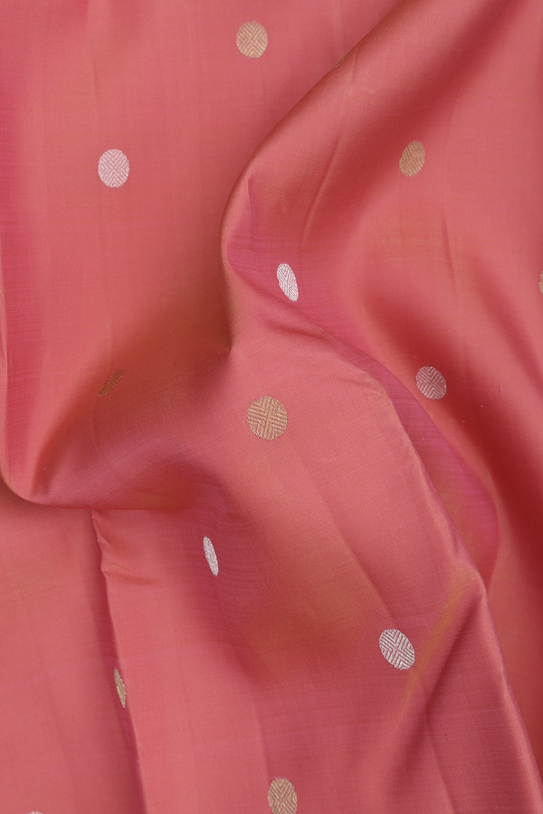 Kanchipuram Silk Saree In Peach Pink With Rudraksh Buttas