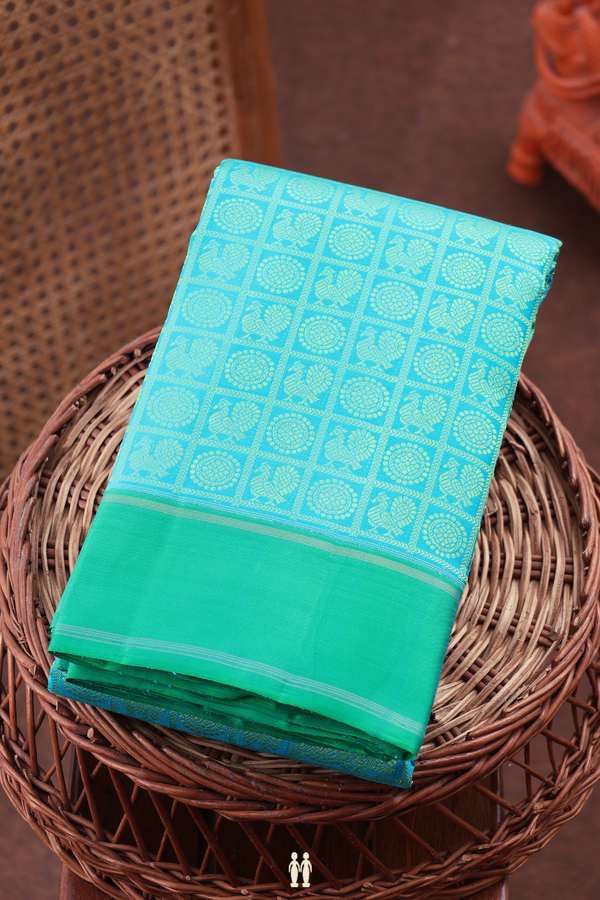 Kanchipuram Silk Saree In Turquoise Blue With Checks Design