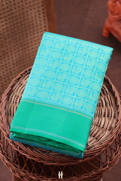 Kanchipuram Silk Saree In Turquoise Blue With Checks Design