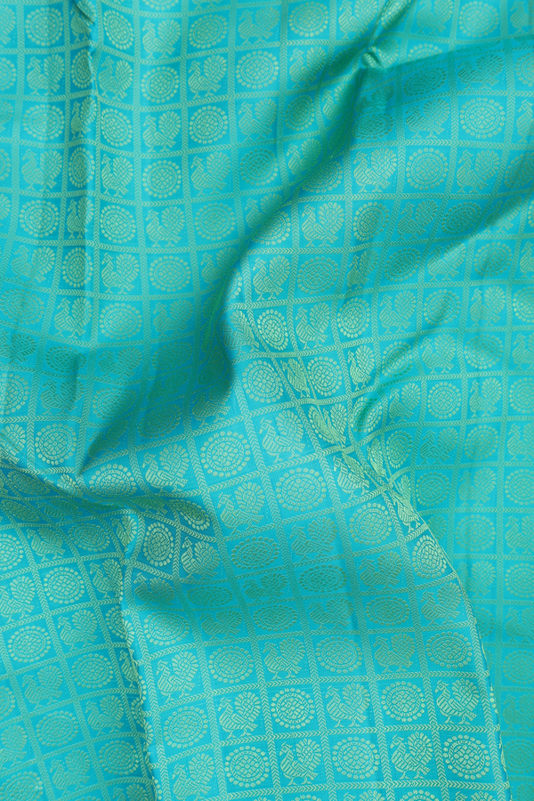 Kanchipuram Silk Saree In Turquoise Blue With Checks Design