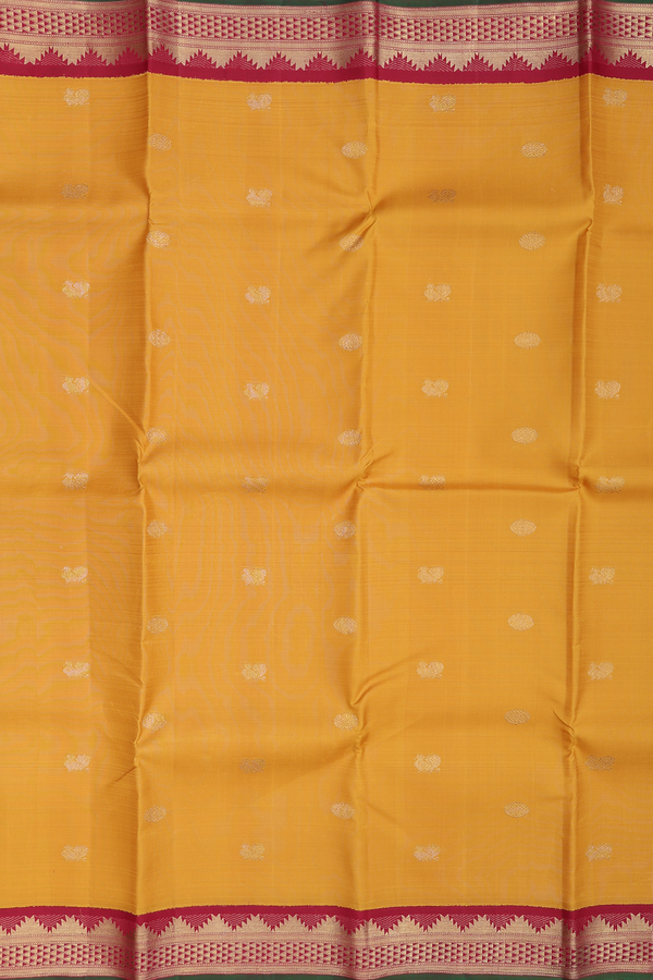 Kanchipuram Silk Saree In Honey Yellow With Peacock Buttas