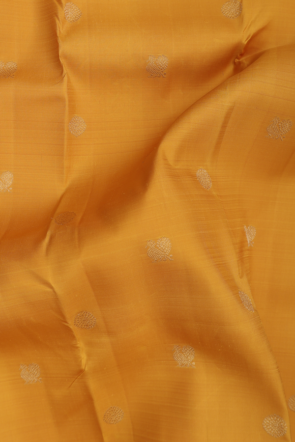 Kanchipuram Silk Saree In Honey Yellow With Peacock Buttas