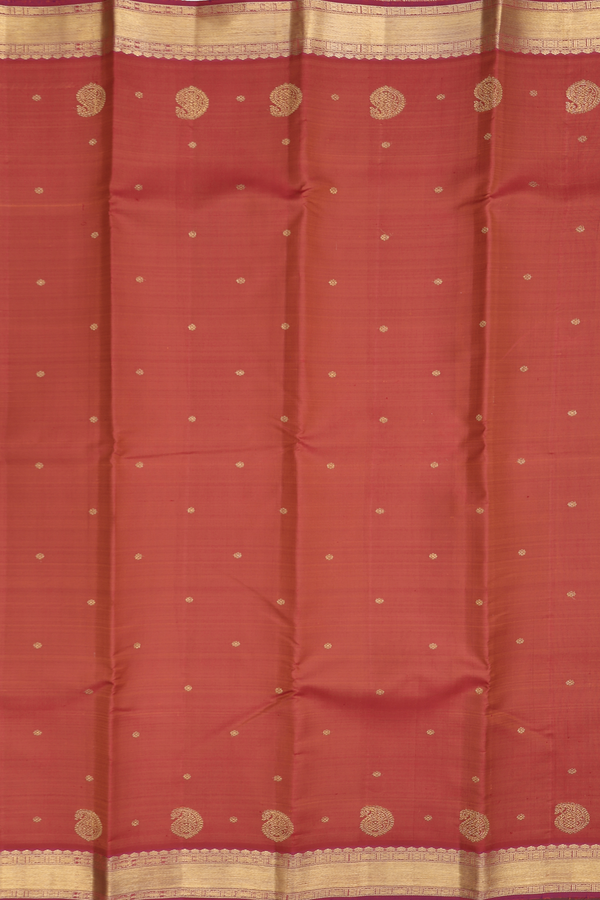 Kanchipuram Silk Saree In Coral Orange With Floral Buttis