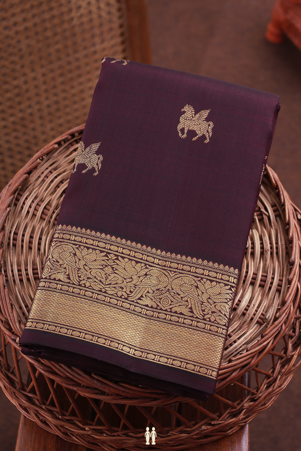 Kanchipuram Silk Saree In Coffee Brown With Horse Buttas