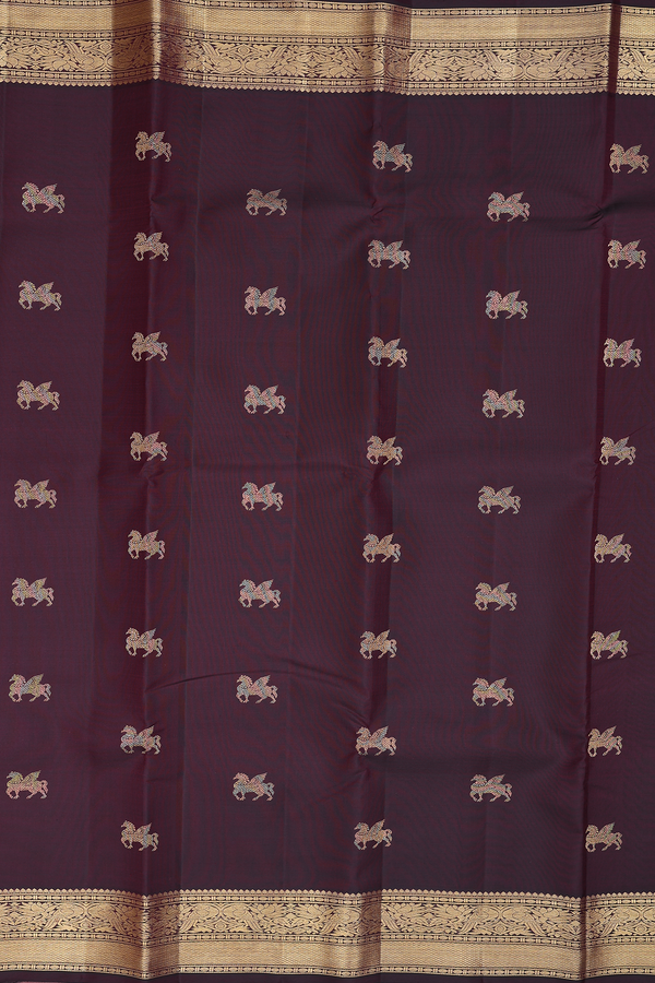 Kanchipuram Silk Saree In Coffee Brown With Horse Buttas