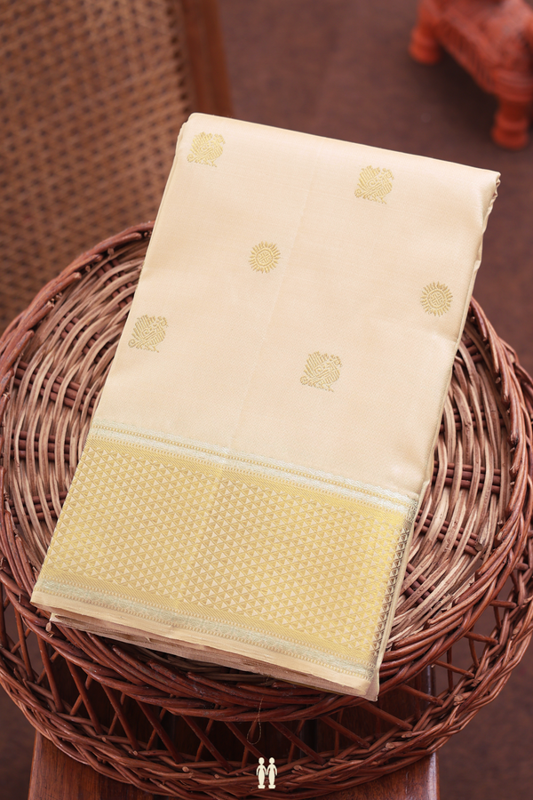 Kanchipuram Silk Saree Cream Color With Peacock Chakram Buttas