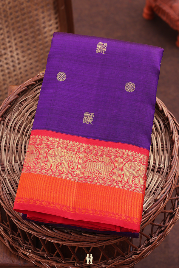 Kanchipuram Silk Saree In Royal Purple With Peacock Buttas