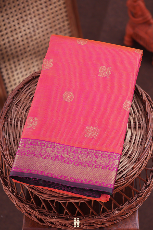 Kanchipuram Silk Saree In Coral Pink Along Stripes With Buttas