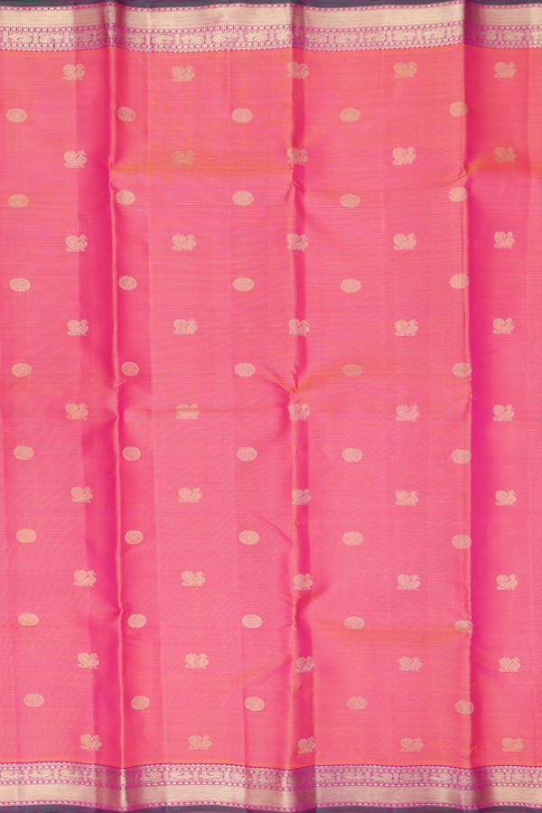 Kanchipuram Silk Saree In Coral Pink Along Stripes With Buttas