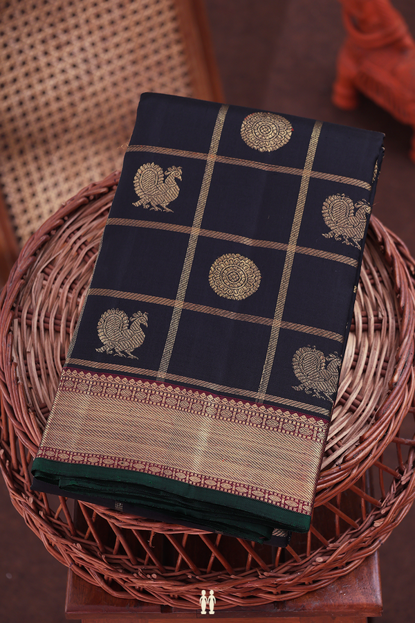 Kanchipuram Silk Saree In Black Along Checks With Buttas