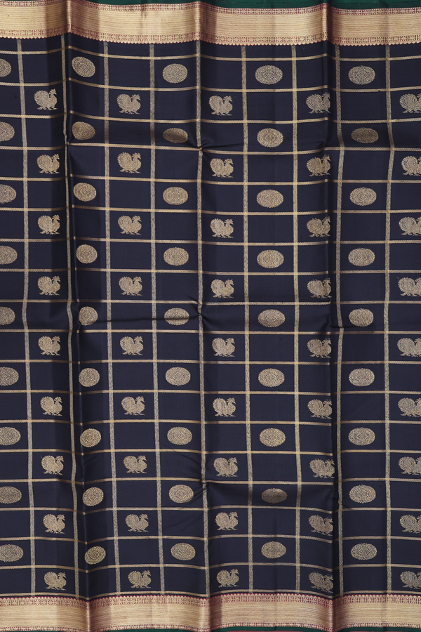 Kanchipuram Silk Saree In Black Along Checks With Buttas