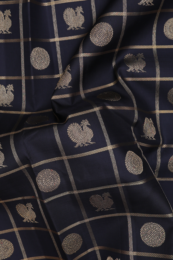 Kanchipuram Silk Saree In Black Along Checks With Buttas
