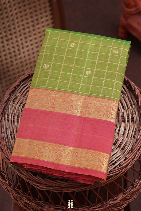 Kanchipuram Silk Saree In Parrot Green With Checks Design